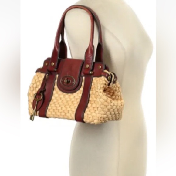 Fossil Natural Straw Brown Leather Trim Satchel Purse - Picture 1 of 15